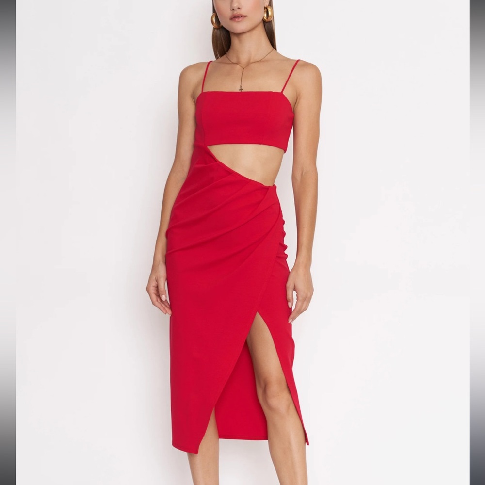 Brand New Red ruched cutout midi dress with stretchy fit. Size XL